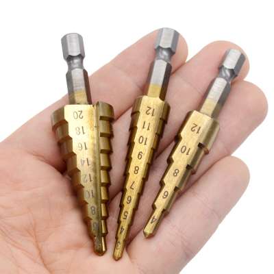 Hot Sale 3pcs/lot Titanium Step Drill Bits 3-12mm 4-12mm 4-20mm HSS Power Tools HSS Wood Metal Drilling